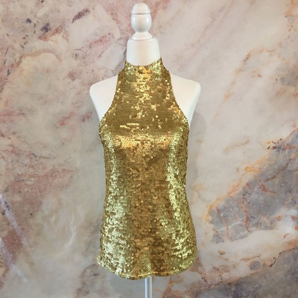 WHITE + WARREN Gold Sequin Mock Turtleneck Sleeveless Top